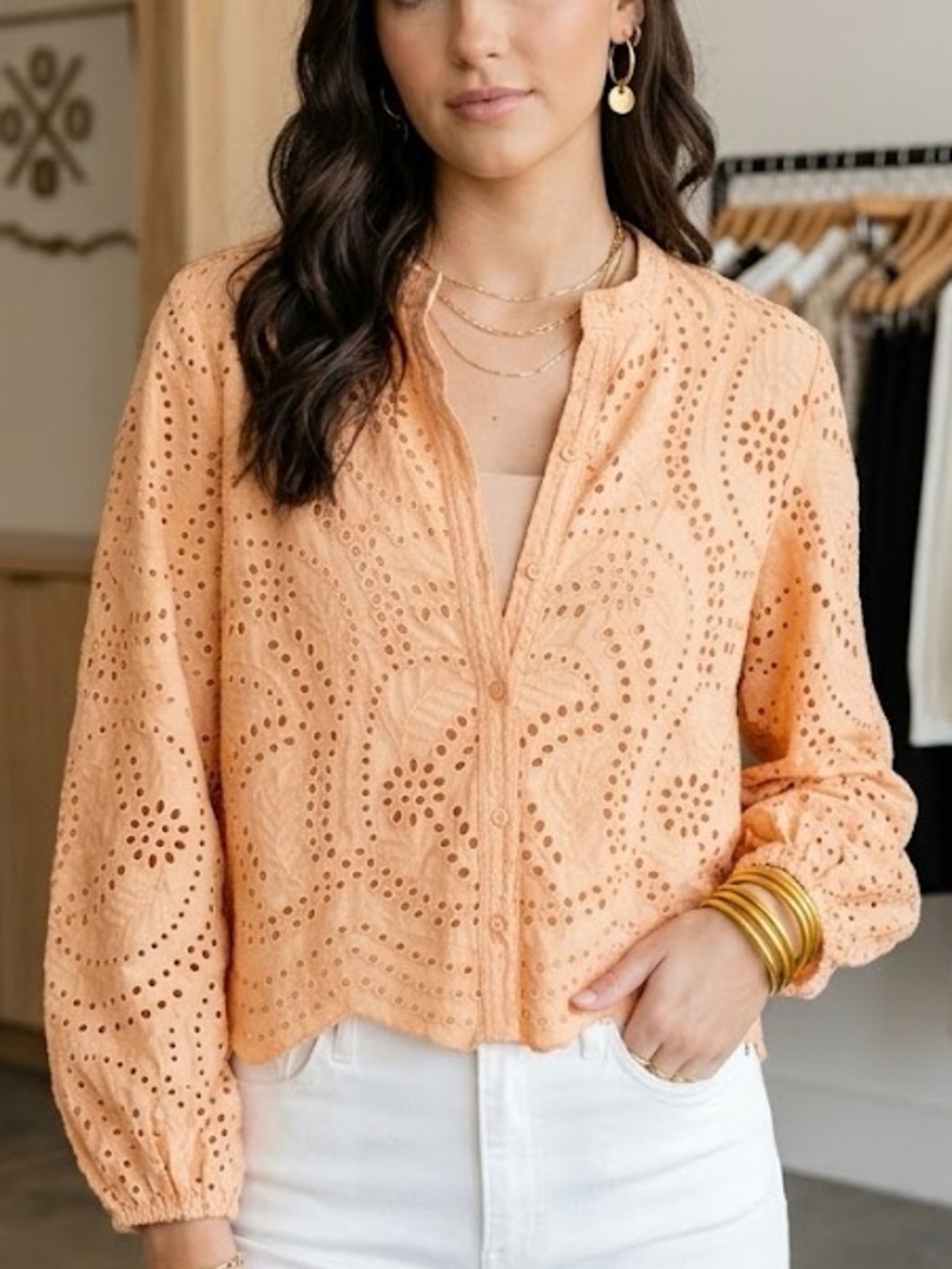 🍑Joie Broderie Anglaise Mandarin Button Down Shirt Scalloped in Warm Peach
